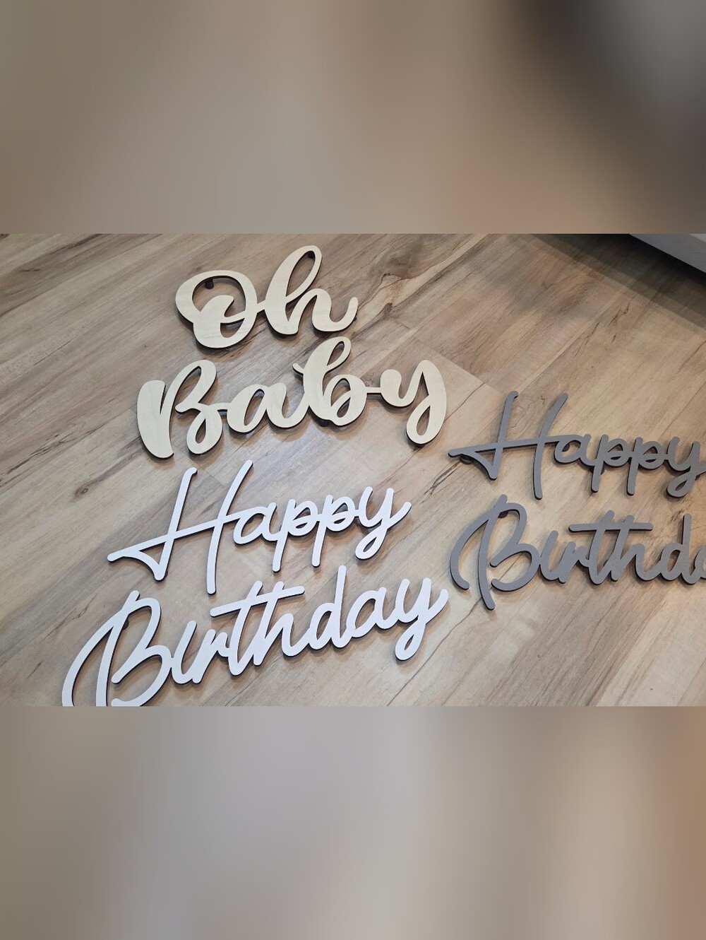 Wood Script Party Signs - White, Cream, Gray Decorative Words
